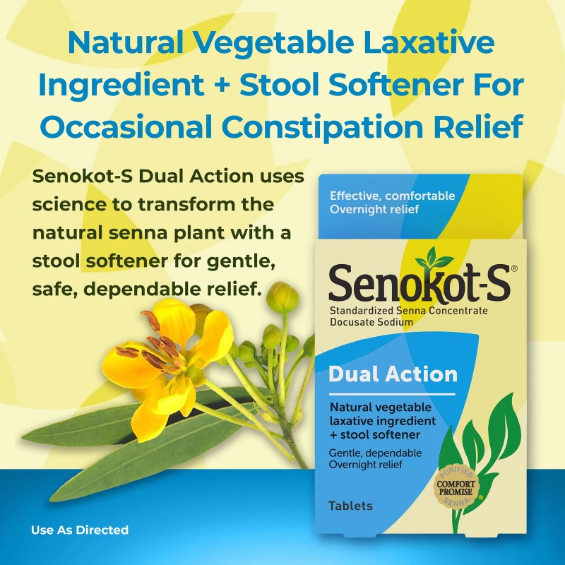 Senokot-S Dual Action Natural Vegetable Laxative + Stool Softener Tablets,