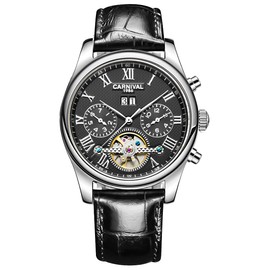 MASTOP Men's Automatic Mechanical Watch Date Moon Phase 24-Hour Indication Calfskin Leather Transparent Watches (Brown Leather- All Black)