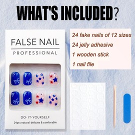 24Pcs 4th of July Fake Nails Short Square Press on Nails Independence Day Acrylic Nails Red White Blue Five-pointed Star Design Glue on Nails Coffin Ballet Full Cover Stick on False Nails for Women