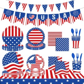 Hokoad 4th of July Party Tableware 170pcs, Patriotic Dinner Plates, Dessert Plates, Napkins, Tablecloths, Cups, Banners for Independence Day Party, Memorial Day