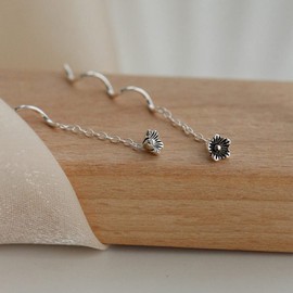 Antique Flower Threader Dangle Earrings Sterling Silver 925 Cute Daisy Flower Long Tassel Chain Wave Bar Ear Line Dangling Charm Drop Earring Chic Jewelry Gifts for Women Girls BFF