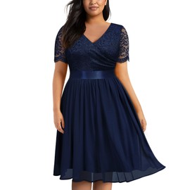 Miusol Vestido formal de gasa con cuello en V y encaje floral para mujer, talla grande, con volantes, para dama de honor, Azul marino, 5X-Large Plus