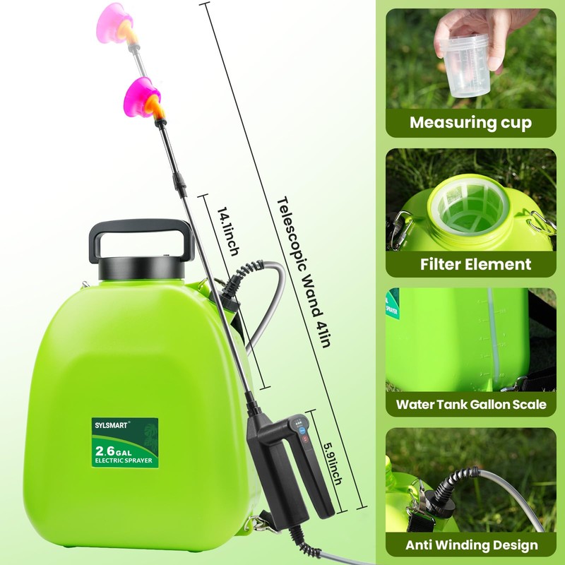 Sylsmart Battery Powered Backpack Sprayer 2.6Gallon, Electric Sprayer with 3-Adjustable