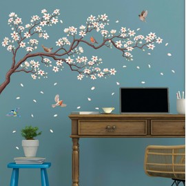 DECOWALL SG2-2424 Wall Stickers White Cherry Blossom Branch Sticker Peel and Stick Removable Nursery Bedroom Living Room Art Home Decoration Flowers Birds Girls Colourful Oriental