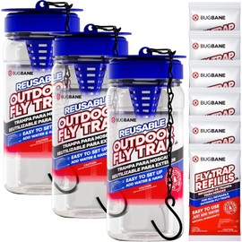 3 Fly Traps Outdoor Fly Trap for Patio with 6 Non-Toxic Dissolvable Bait Refills. Reusable Hanging Bug Catcher Killer for All Filth Flies for Outside Bug Control Yard Ranch. Hanging Chains Included