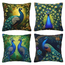 4pack Peacock Throw Pillow Covers, Turquoise Farmhouse Pillow Covers for Home Decor, Vintage Teal Floral Art Throw Pillowcase for Bed Couch Car Garden Living Room 18x18 Inch