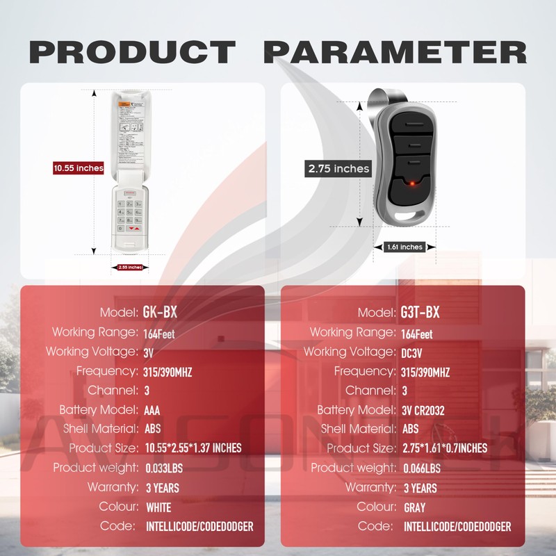 1 Pack GK-BX Keypad + 2 Pack G3T-BX Remote Replacement