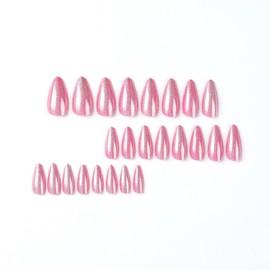 Medium Almond Press on Nails Pink Fake Nails Glitter Chrome False Nails with Design Colorful Shiny Glue on Nails Magnetic Artificial Nails Glossy Acrylic Stick on Nails for Women Manicure 24Pcs