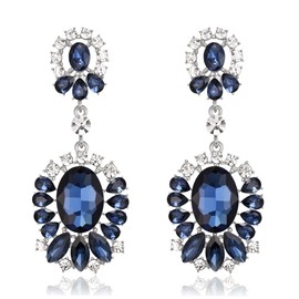 Flyonce Bridal Wedding Earrings for Brides Bridesmaid, Rhinestone Crystal Vintage Art Deco Drop Dangle for Women Prom Party Navy Blue Silver-Tone