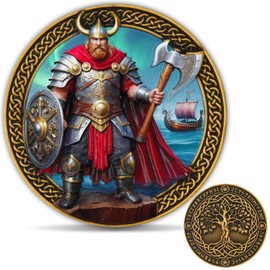 Viking Warrior Challenge Coin with Tree of Life – Norse Mythology Design Featuring Viking Shield & Runic Inscriptions – Zinc Alloy Coin with Protective Case (1.57 Inch)