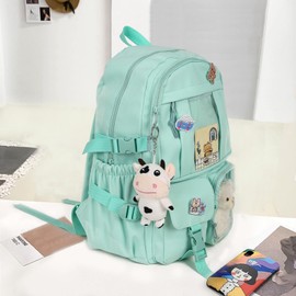 youcoscos Kawaii Backpack with Bear Plush Kawaii Pin Accessories Cute Aesthetic Bookbag School Bags for Girls Teen (Simple, Green)