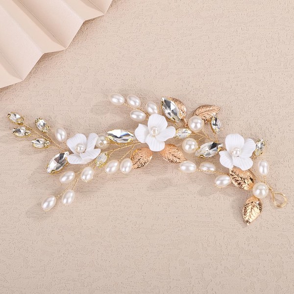 Rumtock White Petal Flower Headband with Leaves Wedding Bridal Pearl