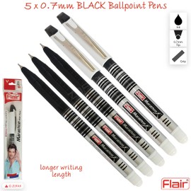 FLAIR Marathon 5 x 0.7mm BLACK Ballpoint Pens Smooth Longer Writing Length