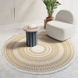 Poowe Round Cotton Rug Woven Tassel Throw Rug Washable Area Rug for Living Room Bedroom Kitchen Bathroom (Shapes Yellow)