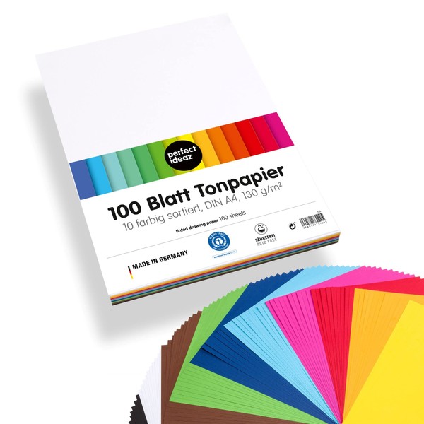perfect ideaz 100 fogli carta colorata in formato A4, Cartoncini di carta, colorazione integrale, disponibili in 10 diversi colori, spessore 130 g/m², bricolage di alta qualità