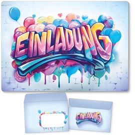 beriluDesign 12 Invitation Cards with Envelopes Children's Birthday Graffiti for Boys and Girls Birthday Invitation