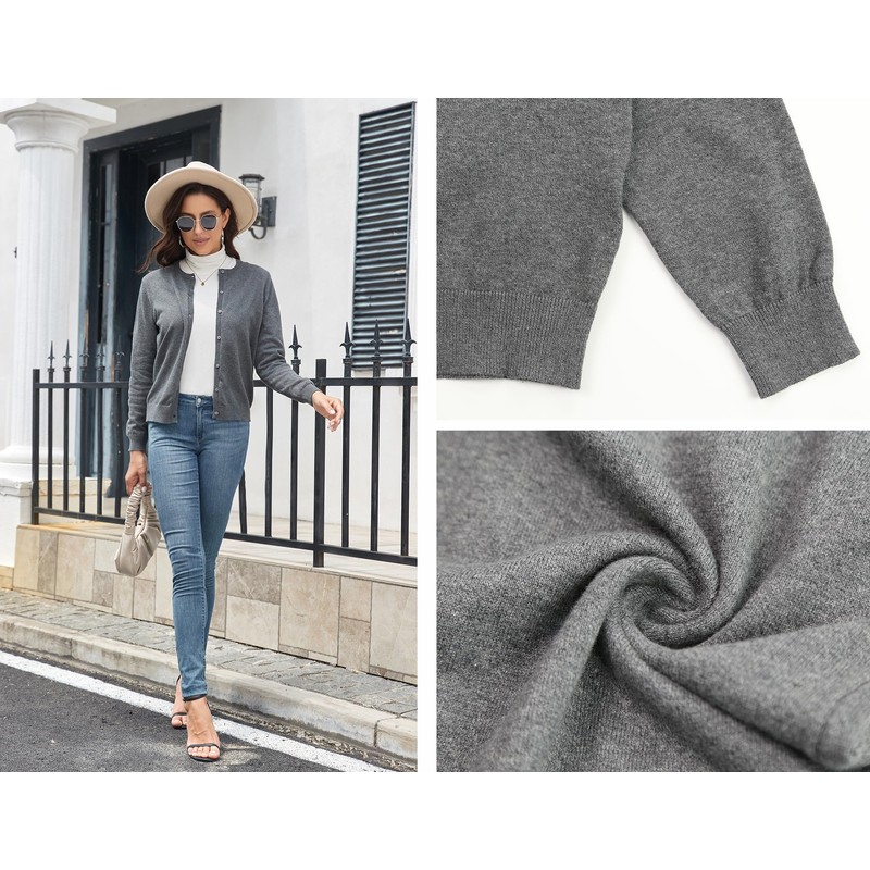 BERESIA Women's Cardigan with Buttons Classic Crew Neck Elegant, darkgray