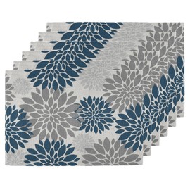 Placemats Set of 6 - Blue Gray Floral Place Mats for Dining Table - Heat Resistant Table Mats Washable Placemat Kitchen Home Party Indoor Outdoor Decor, 12 x 18 Inch, Flower