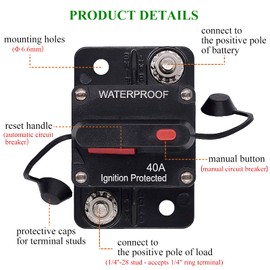 Zesugo 2-Pack 40A Circuit Breaker with Manual Reset for Car Audio/RV Solar/Boat Trolling Motor/Truck Inverter/MarineAlifier, DC 12V- 48V Circuit Protector, Waterproof Surface-Mount Fuses