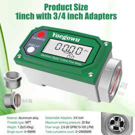 1" Digital Turbine Fuel Flow Meter, 2.6–26 GPM Inline NPT Flowmeter with LCD Display and 3/4" Adapters,For Diesel,Gasoline,Kerosene, Water and Other Liquids –Supports Gallon, L, QTS, PTS, m³ (1"&3/4")