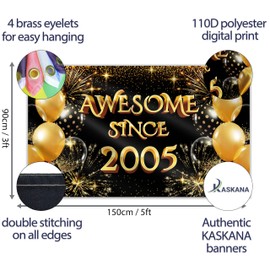 Happy Birthday 20th Banner - Birthday Decorations - Awesome Since 2005 Birthday Backdrop - Bday Banner Background 5ft x 3ft / 150x90 cm with 4 brass holes (Black & Gold)