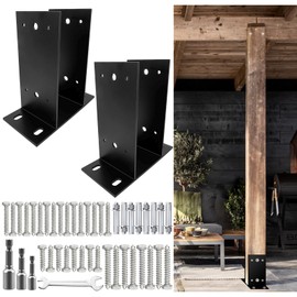 Qrooviiy 4"x4"(Actual:3.5"x3.5") Heavy Duty Post Base,Wood Fence Post Anchor Bracket,Black Concrete Support Anchor Base for Outdoor Deck Railings,Mailboxes,Pavilions,Porches,Log Cabins W/Harware 2Pack