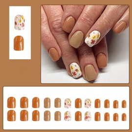 24 PCS Fall Press on Nails Short Square - ZWENJIE Autumn Brown Glitter Fake Nails Glue on Nails Press ons Nail Art Tips with Small Flowers Glossy Design Full Cover Acrylic False Nails Stick on Nails