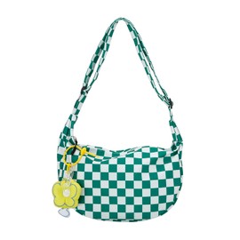 DOB SECHS Crossbody Bag Checkered Purse Black and White Kawaii Purse for Women Shoulder Hobo Bag Large Messenger Bag with Cute Yellow Pendant,Green