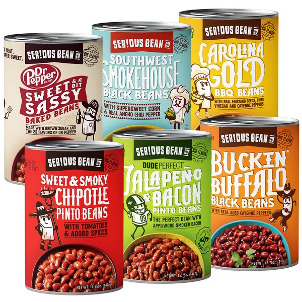SERIOUS Bean Co Ultimate Variety 6-Pack Fully Cooked and Ready to Serve Canned Beans: Buckin’ Buffalo Black Beans, Southwest Smokehouse Black Beans, Dude Perfect Jalapeno & Bacon Pinto Beans, Sweet and a bit Sassy Dr Pepper Baked Beans, Carolina Gold BBQ 