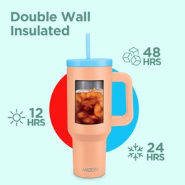 Milton 40 oz Tumbler with Dual Removable Handles and Straws, Double Walled Vacuum Insulated Travel Mug, Keeps Drinks Hot for 12 Hours, Cold 24 Hours, Stainless Steel Water Bottle, Venus,Peach fuzz