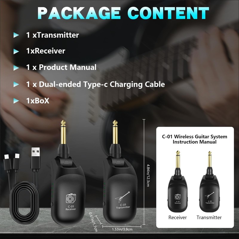 C01 UHF Wireless Guitar System (Transmitter & Receiver) - Rechargeable,