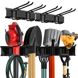 Garage Tool Organizer Wall Mount with Double-Layer Hooks - Heavy-Duty Garden Tool Organizer, Anti-Rust Panel, 200lbs Capacity - Adjustable Hooks for Garden and Garage Organization (2 Racks & 4 Hooks)