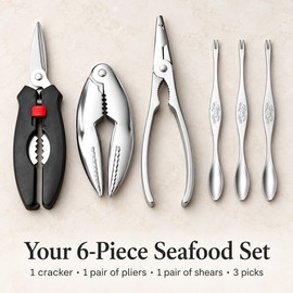6-Piece Stainless Steel Seafood Tool Set – Crab & Lobster Crackers, Shrimp Peeler and Seafood Picks for Shellfish, Type 4