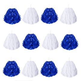 12 Pcs Pom Poms Cheerleading Cheer pom poms Metallic Foil Cheerleading Pom Poms with Plastic Handles Blue and White pom poms for Cheering in Sports Meet Competition Field and Other Festive Occasions