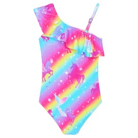 Snowheart - Traje de baño para niñas con correa ajustable para el hombro UPF50+ con volantes de un solo hombro 3-12T