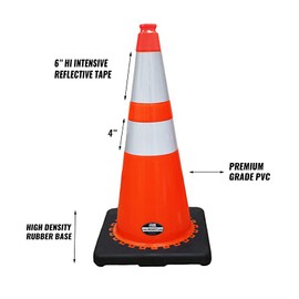 (Set of 4) RK 28" Orange Safety Traffic PVC Cones with 6" + 4" Reflective Collars,Black Base (4 Cones)