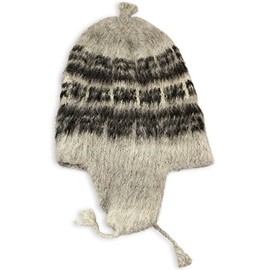 Tumia LAC Alpaca Knitted Adult Light Grey Chullo Hat with Earflaps, Available in a Range of natual Wool Colours - Fair Trade and Hand-Knitted in Bolivia. One Size