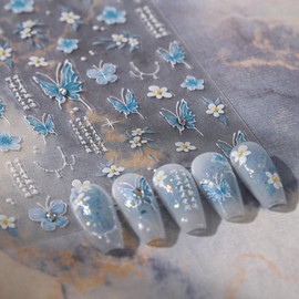 5D Embossed Blue Butterfly Nail Stickers Flowers Nail Art Stickers Rhinestone Nail Decals Self-Adhesive Spring Stickers Summer Nail Supplies for Women Girls DIY Manicure