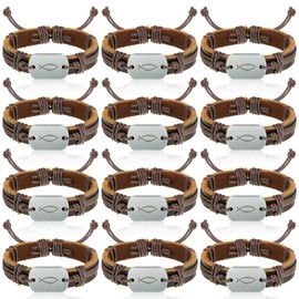 Landical 12 Pcs Sign of the Fish Bracelet First Communion Confirmation Bracelet Gifts Retro Leather Jesus Christian Christmas Charms for Men Women