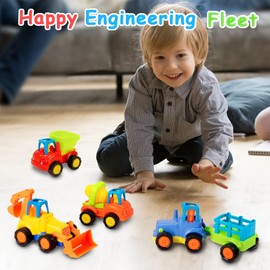 Baby Spielzeugauto Spielsachen Baufahrzeuge, 4 Stück Bagger Press Auto Spielzeug, Zurückziehen Spielzeug Fahrzeuge Reibung angetrieben, für Kinder ab 1 2 3 Jahre (Traktor, Bulldozer, Kipper, Zementmis