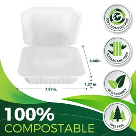 BIRCHIO 75 Pack 8”x8” Take Out Containers with Lids, EXTRA Sturdy To Go Food Containers, 100% Compostable Clamshell Take Out Containers, To Go Boxes for Food