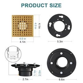 Yaseingoo 4-1/4" Square Shower Drain Kit - Champagne Bronze 304 Stainless Steel Low Profile Floor Drain with ABS Flange & Hair Catcher (Fits 2"/3" Pipes, Gold Finish)