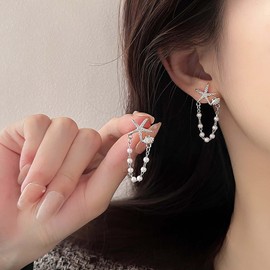 Inilbran Boho Starfish Earrings Silver Starfish Shell Earrings Tiny Pearl Tassel Earrings Vintage Star Fish Beach Earrings Long Pearl Chain Tassel Drop Earrings Jewellery for Women, Zinc