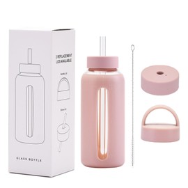 27 Oz Hydration Bottle,Minimalist Glass Water Bottle With Silicone Sleeve,Wide Mouth Opening With 2 Lids,Train Straws,Gift for Kids/Adults,Sport Glass Water Bottle for Gym/Yoga/Outdoor (Pink, 27 oz)