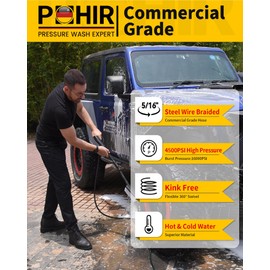 POHIR Pressure Washer Hose 25ft 4500PSI, 5/16'' Power Washer Hose Steel Wire Braided 3/8'' Swivel Quick Connect, Commercial Grade Industrial High Pressure Water Washing Hose