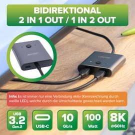 InLine USB-C Switch, Bi-Directional (Data and Video), 2 in 1 Out or 1 in 2 Out, Distributor/Switch for PCs, 8K@60Hz 4K@60Hz Video, 10Gb/s Data Transfer, 100W Charging, 60603T