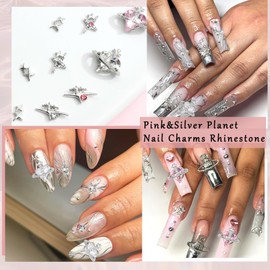 RODAKY 48PCS Pink 3D Planet Nail Charms Shiny Silver Starlight Nail Gems Jewelry Y2K 3D Nail Rhinestones Gems Charms for Acrylic Nails Cute Kawaii Nail Art Decoration Supplies for Manicure DIY