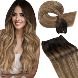 LaaVoo Weft Hair Extensions Human Hair Ombre Brown to Ash Blonde Balayage Sew in Hair Extensions Human Hair Hand Tied Weft Human Hair Extensions for women Short Straight 12 Inch 80g