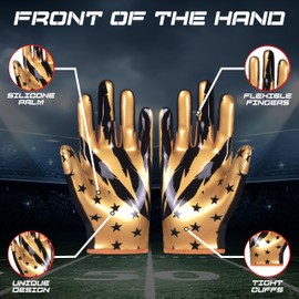 LYRX Kids Football Receiver Gloves: Elevate Your Game with Sticky Wide Performance! Designed for Kids - Experience Comfort and Flexibility with Stretch Fit (F2 Gold American Flag, Kids X-Small)