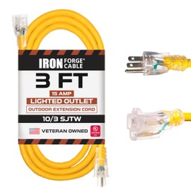 Iron Forge Cable Outdoor Extension Cord 3 Ft - 10 Gauge Heavy Duty Extension Cord, 15 AMP, 10/3 Yellow Power Cable SJTW Weatherproof with 3 Prong